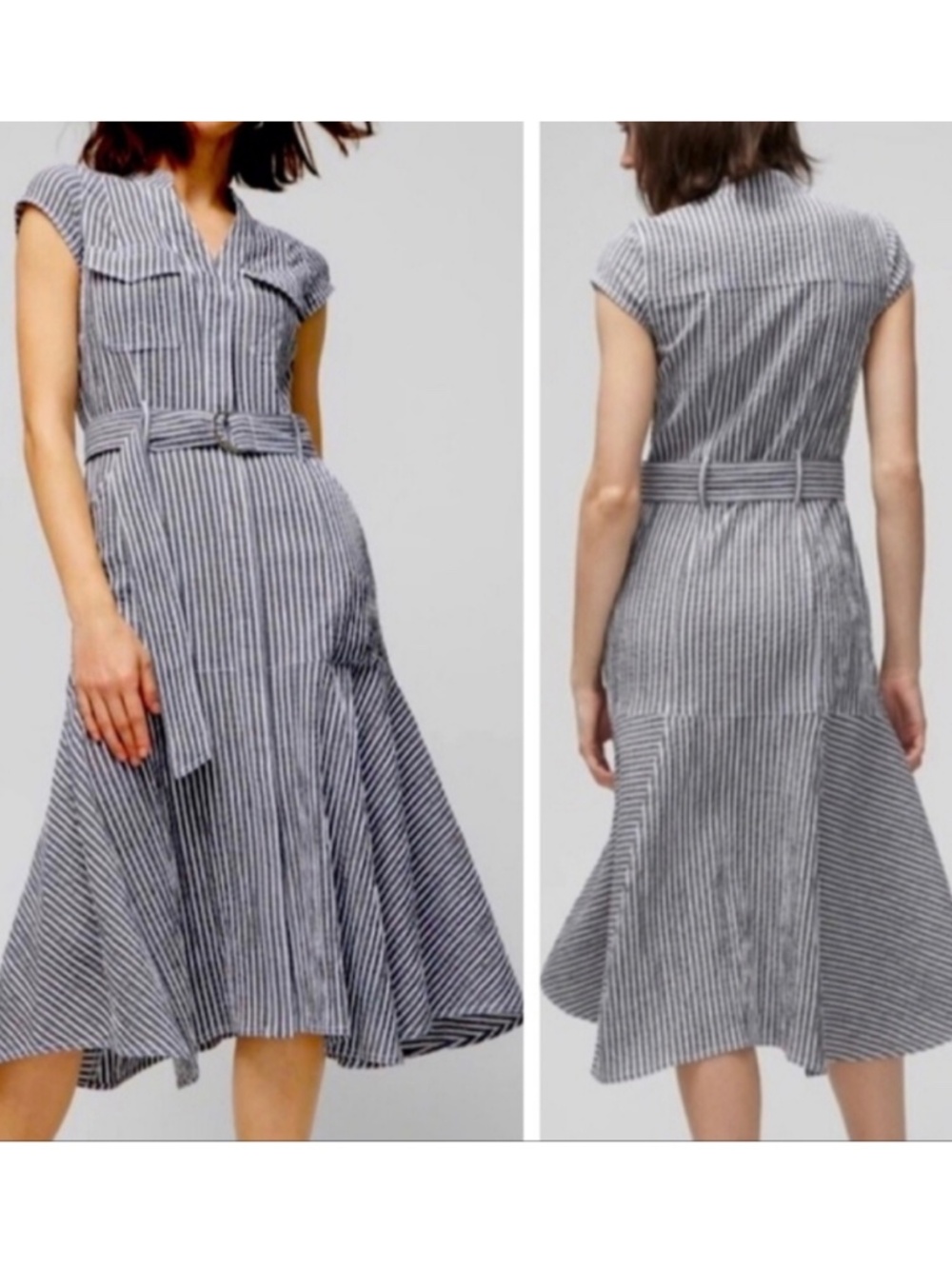 WHBM Midi Dress Striped Seersucker Railroad Stripe Cap Sleeve Belted Pockets - Picture 2 of 16